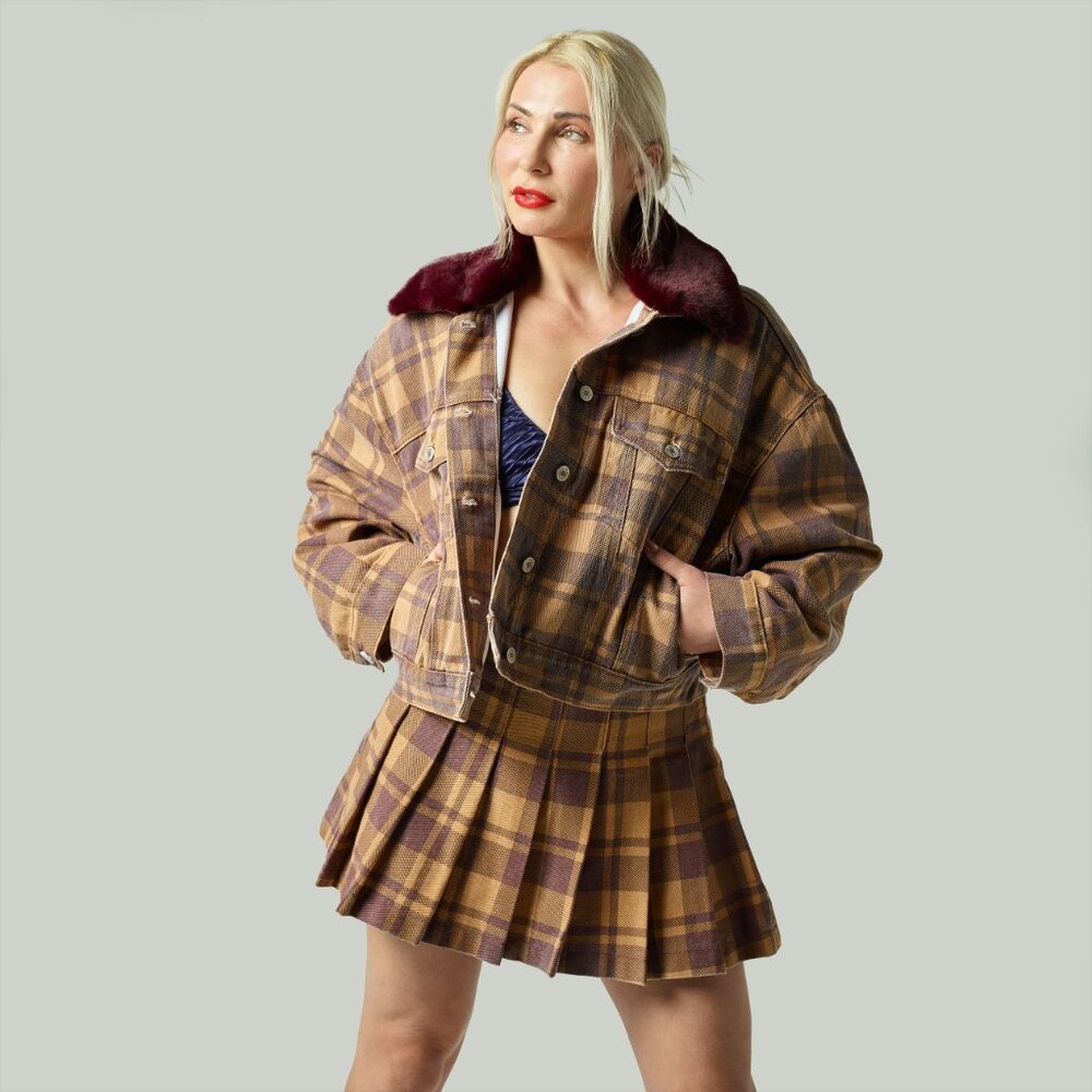 Sunset Denim Pleated Plaid Mini Skirt Brown/Tan S,M,L
